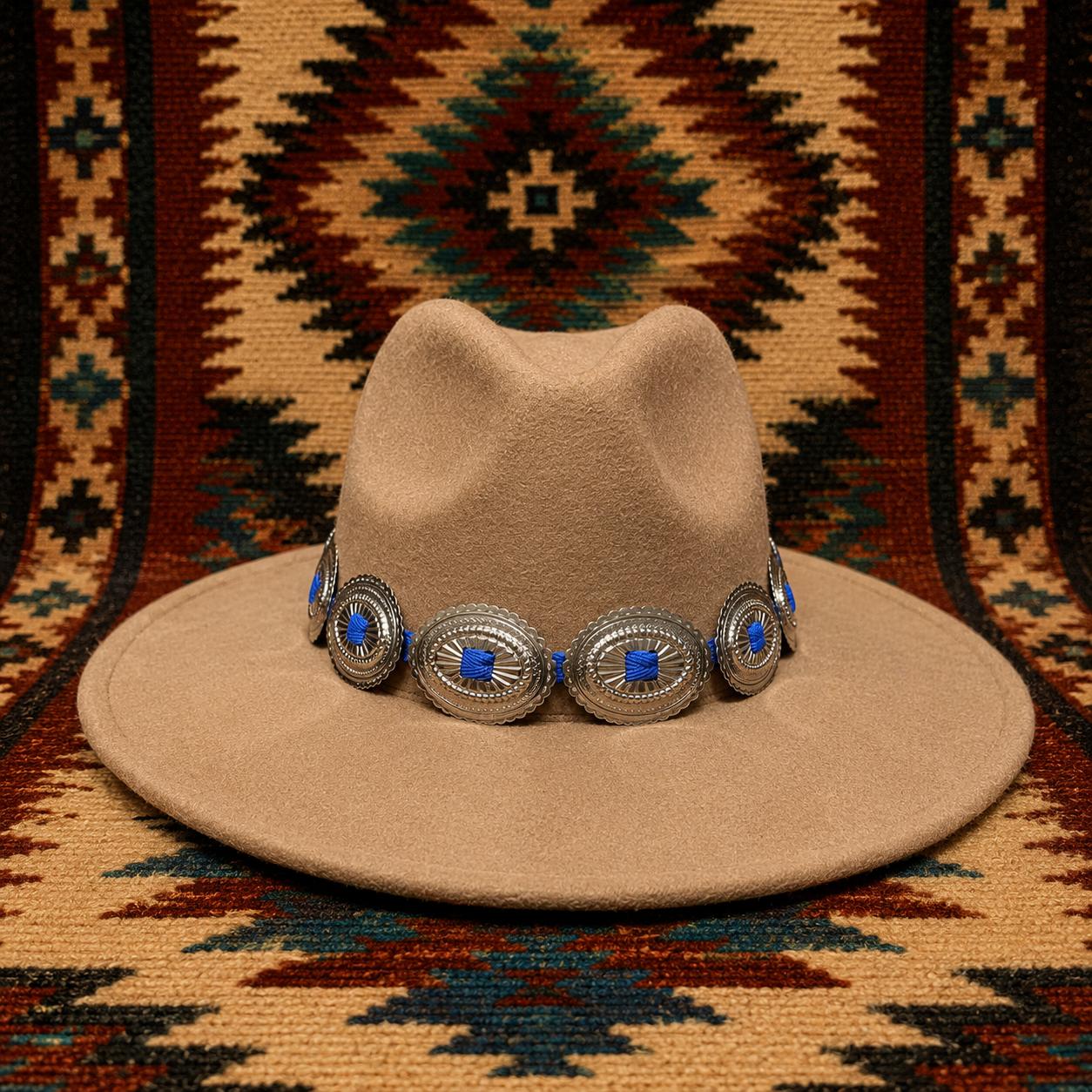 Wide brim felt fedora hat with concho headband