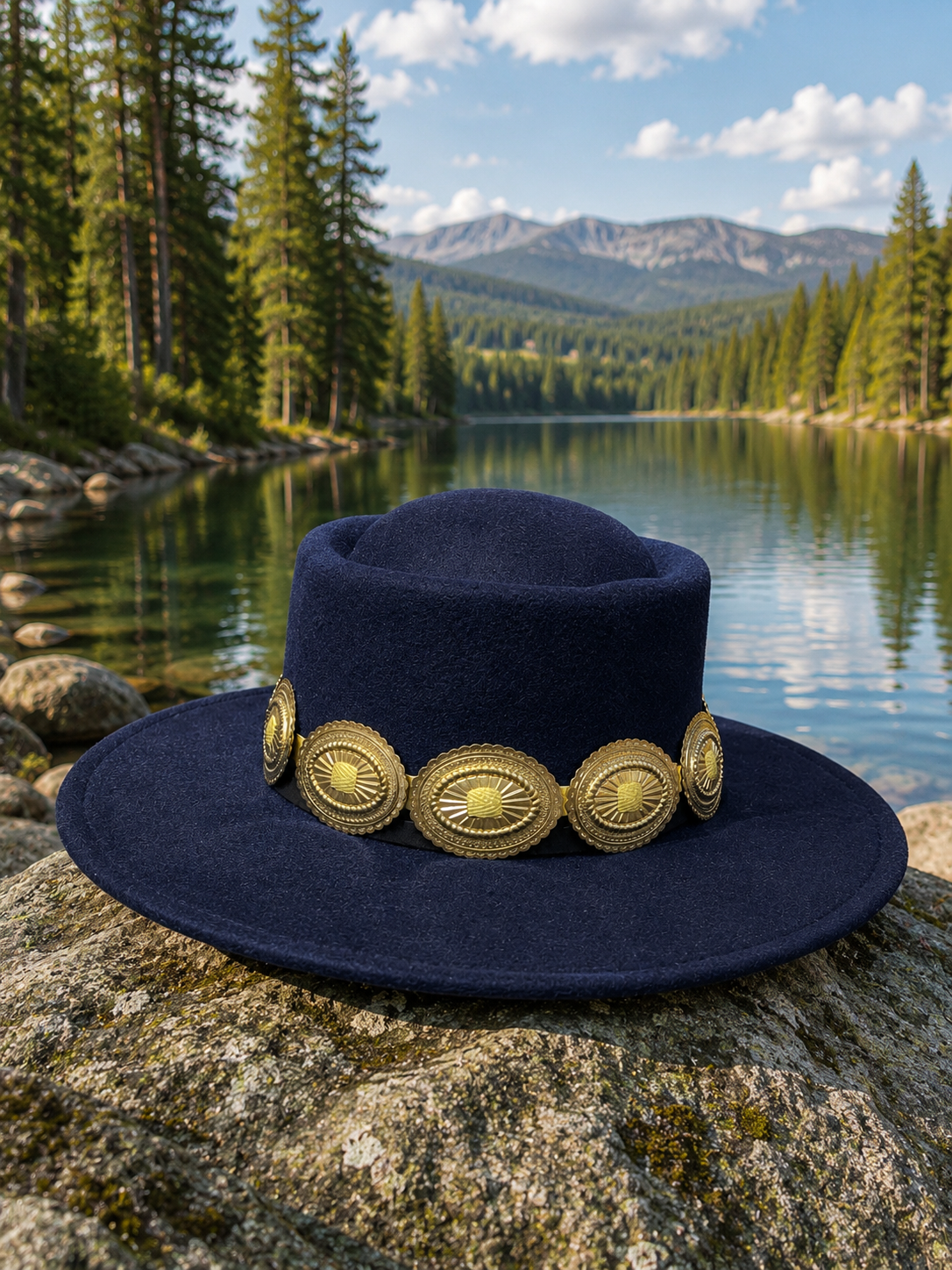 Blue felt fedora hat with gold color concho headband