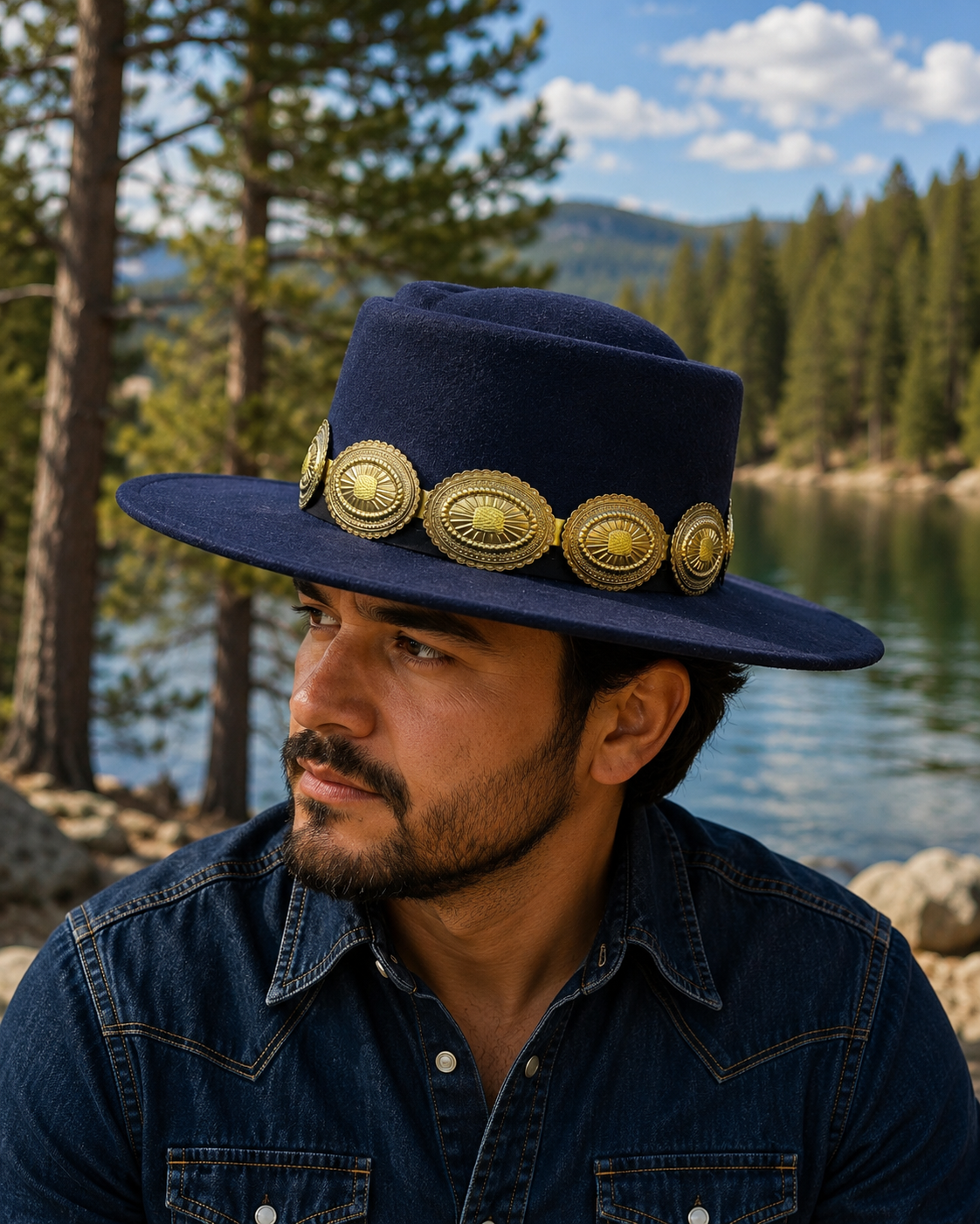 Blue felt fedora hat with gold color concho headband