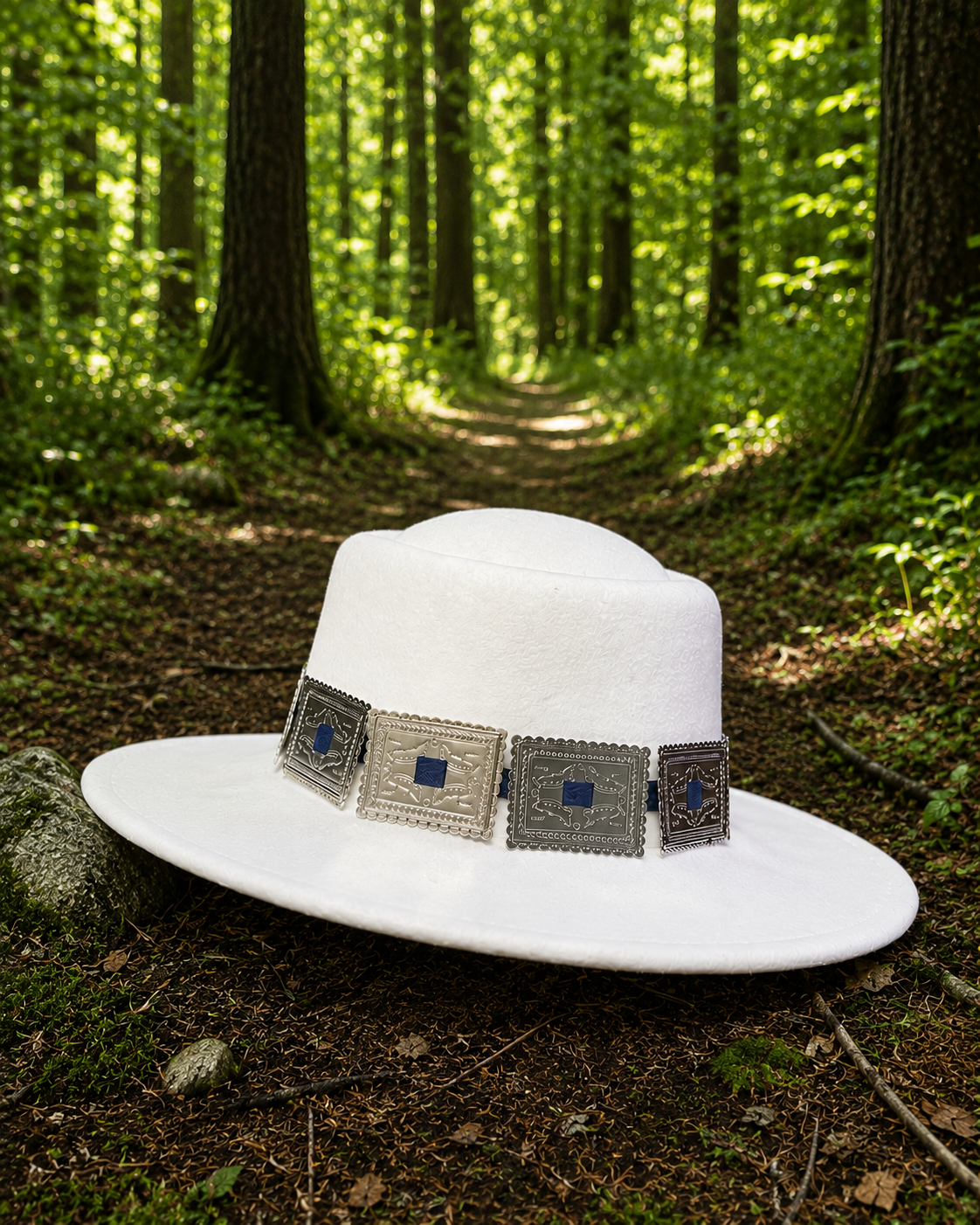 White felt fedora hat with square concho headband