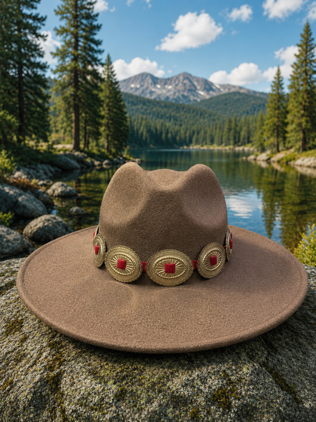 Wide brim felt fedora hat with concho headband
