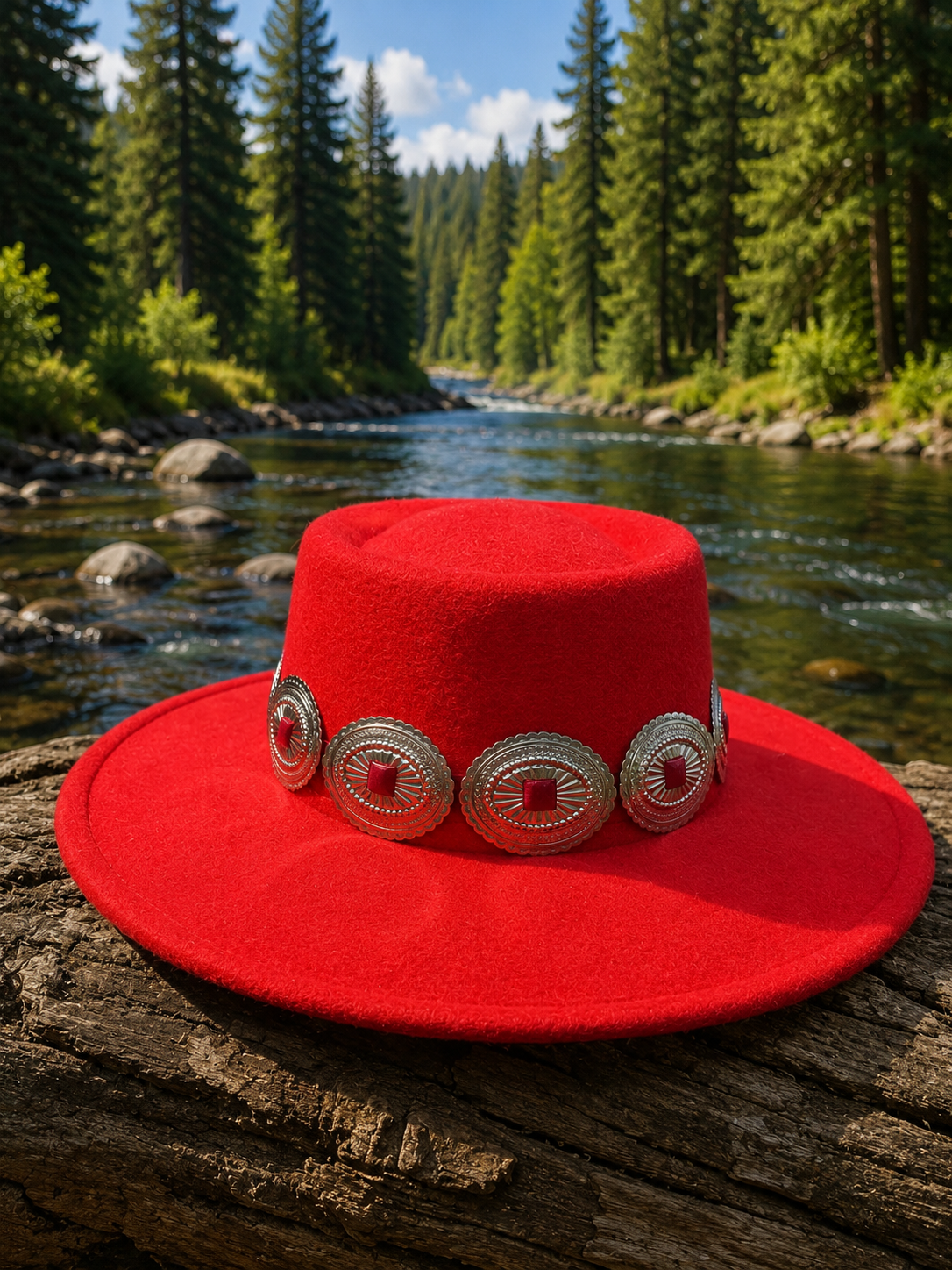Red felt fedora hat with concho headband