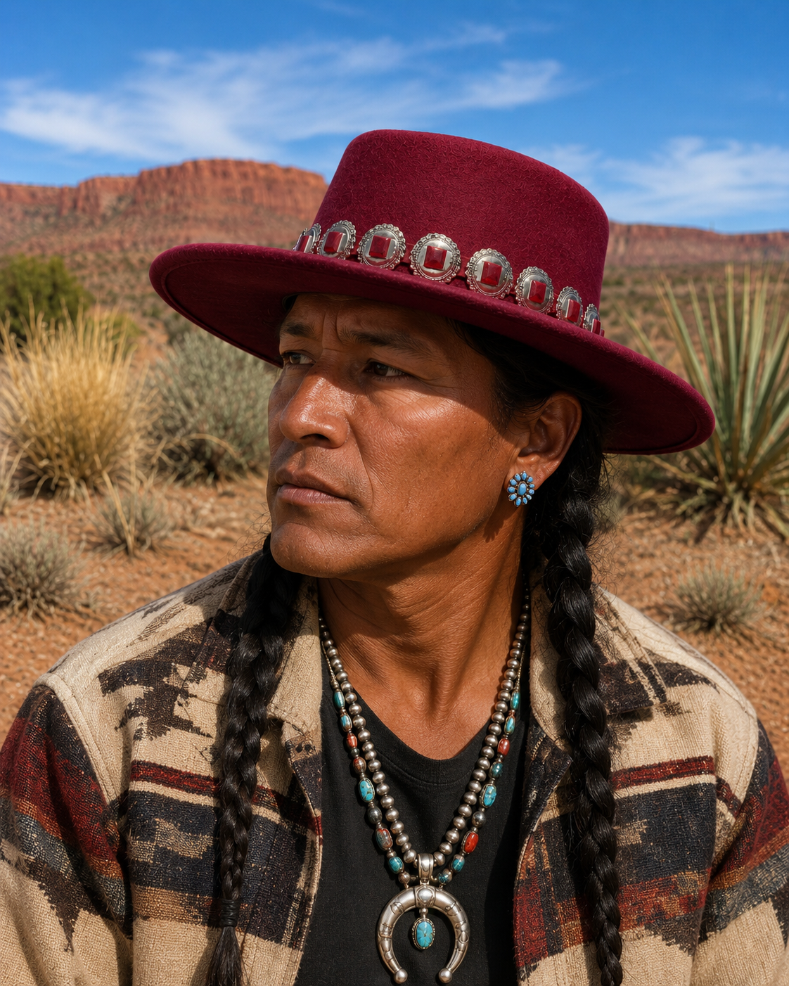 Maroon felt fedora hat with concho headband
