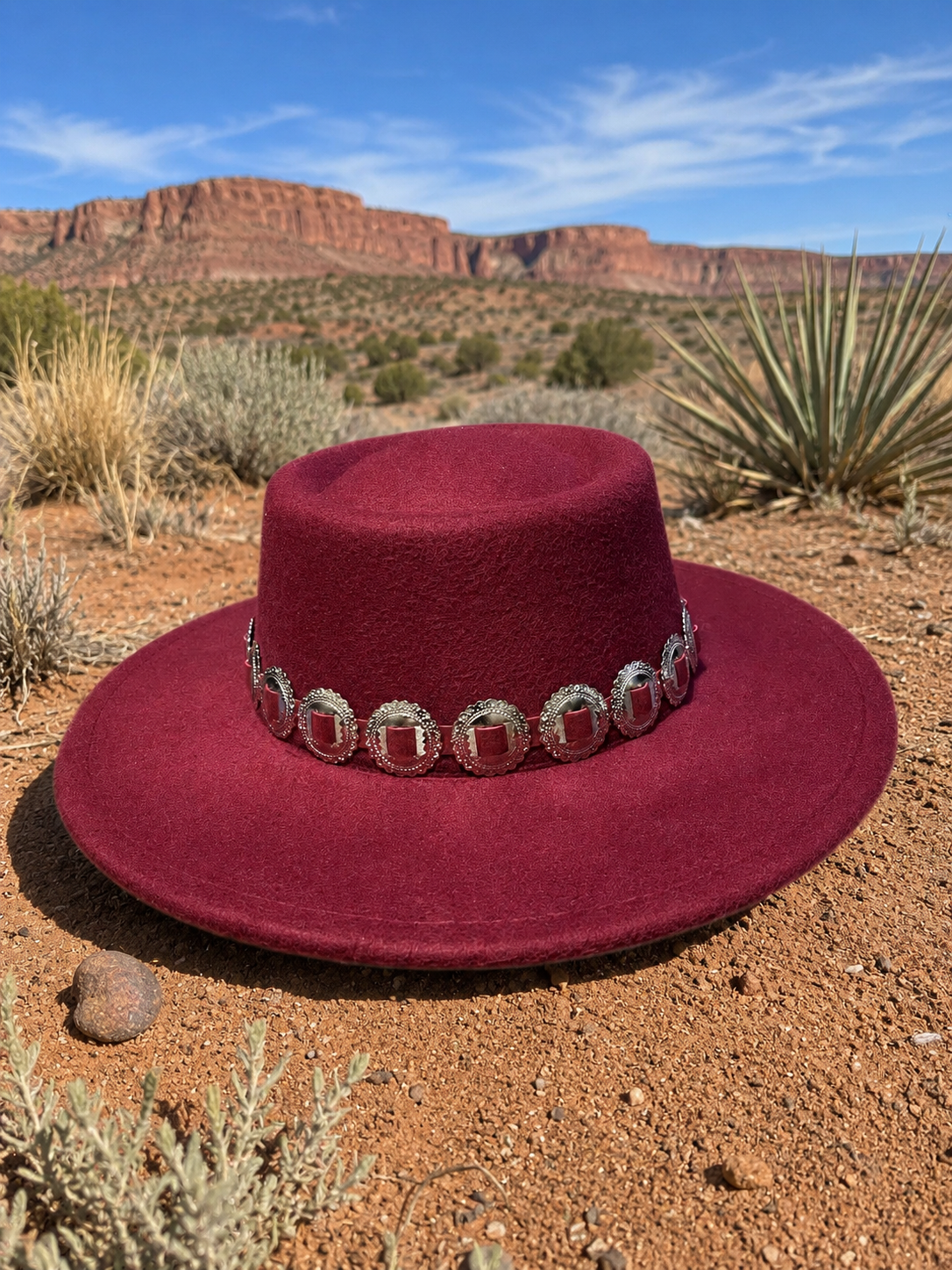 Maroon felt fedora hat with concho headband