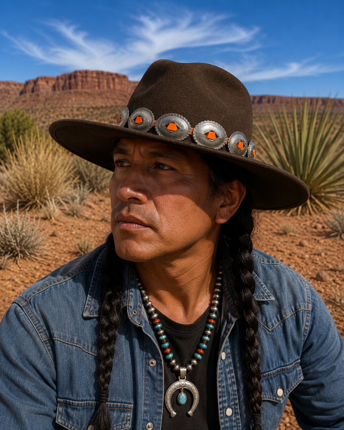 Dark brown felt fedora hat with concho headband