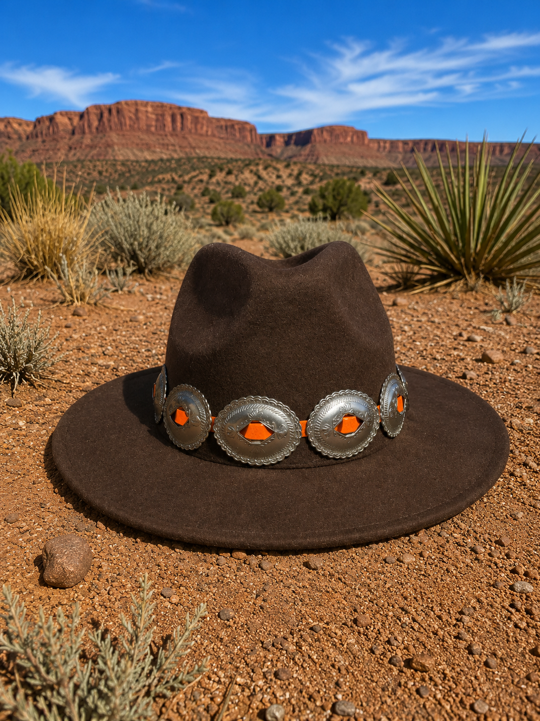 Dark brown felt fedora hat with concho headband