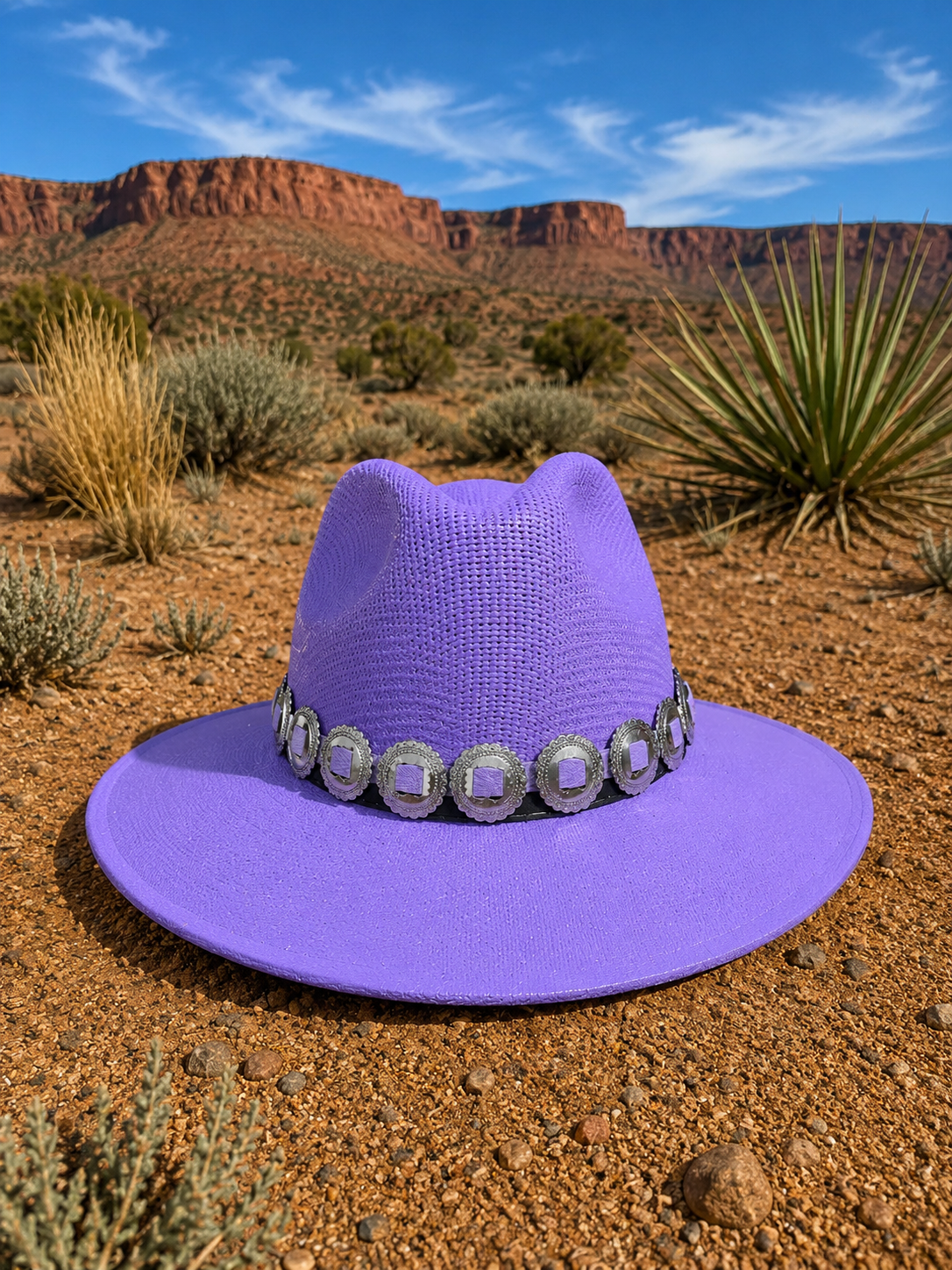 Purple straw fedora hat with concho headband