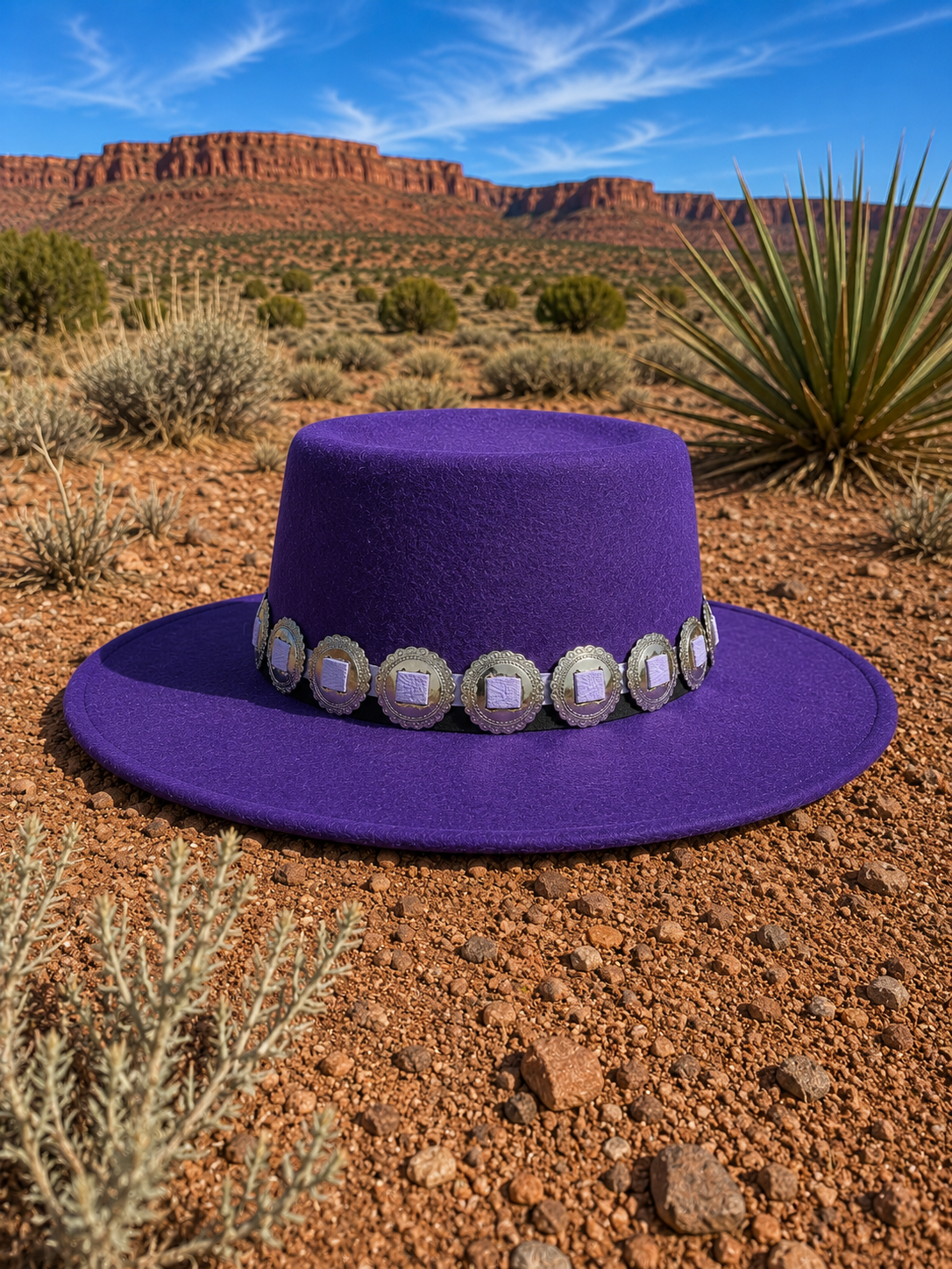 Purple felt fedora hat with concho headband