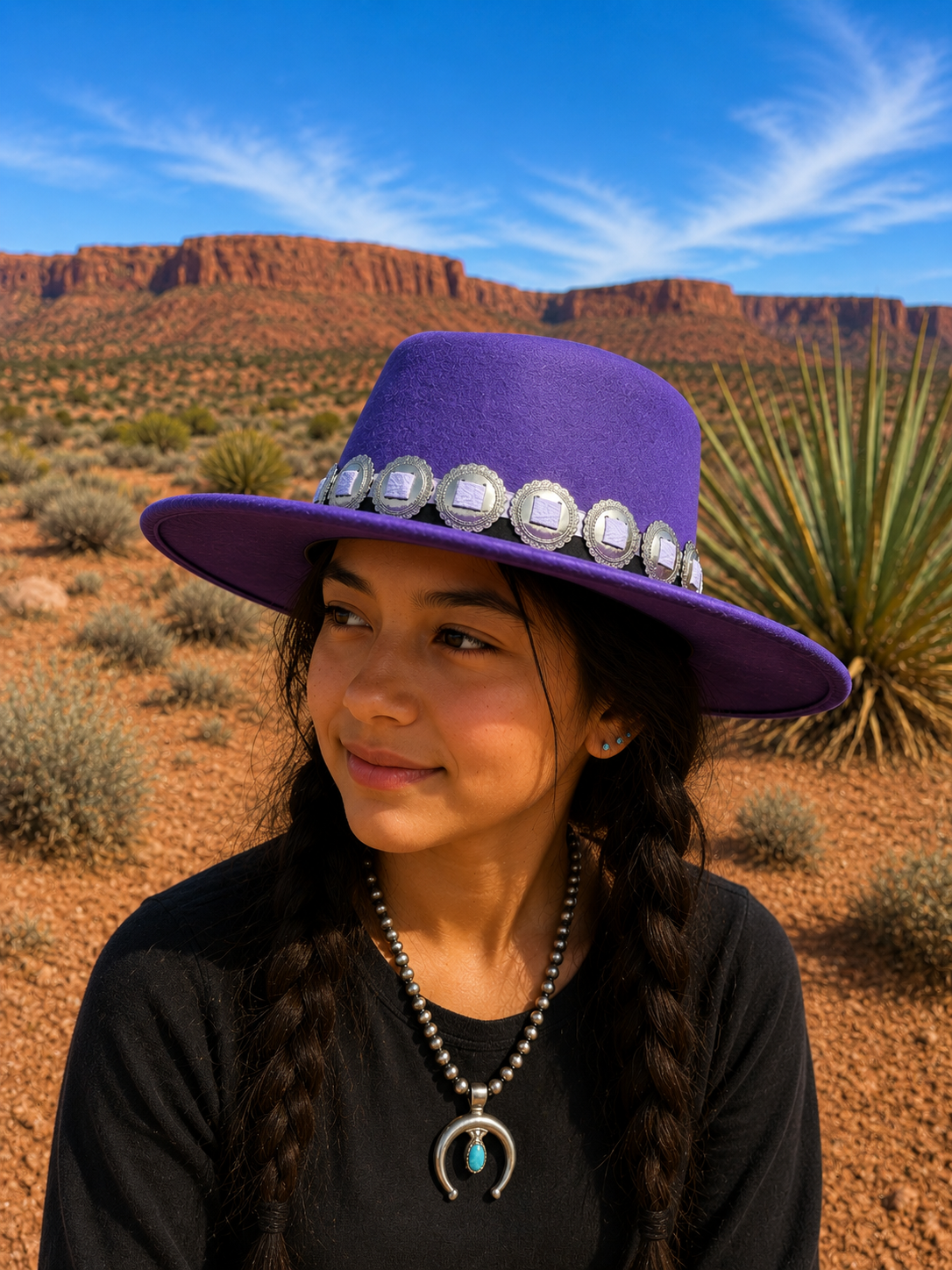 Purple felt fedora hat with concho headband