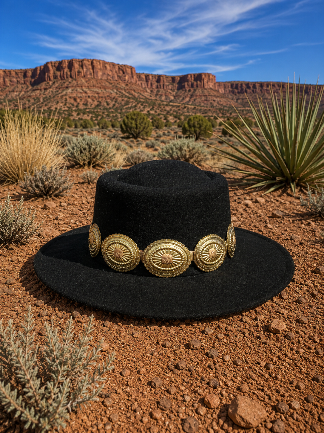 Black felt fedora hat with gold tone concho headband