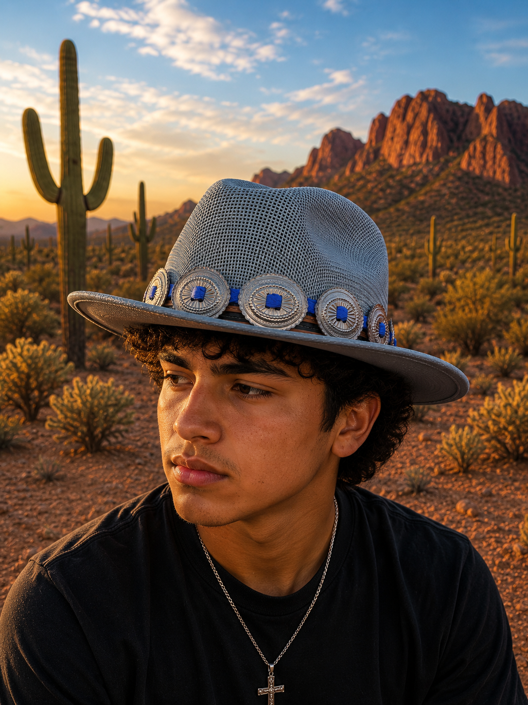 Light blue straw fedora hat with concho headband