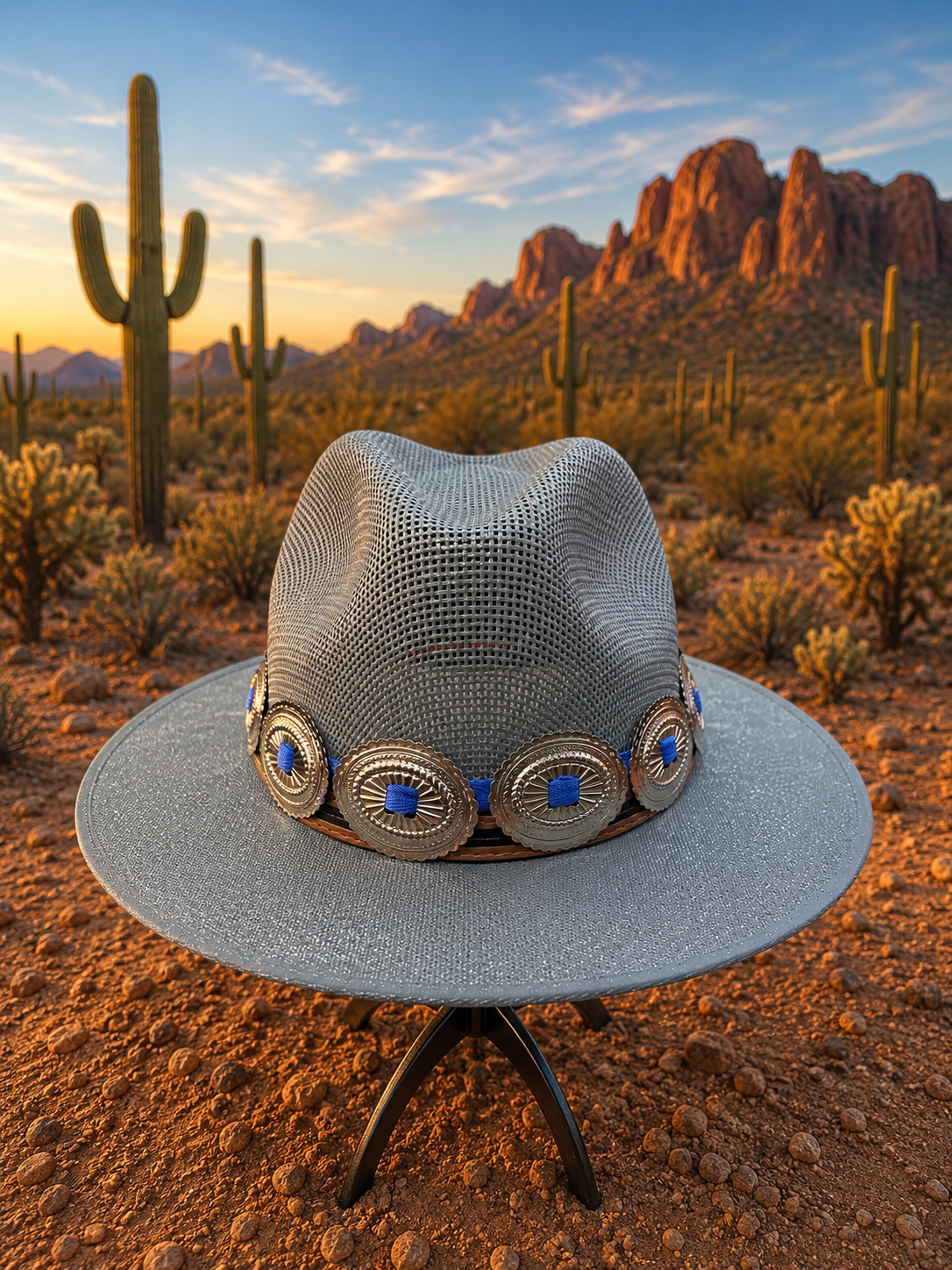 Light blue straw fedora hat with concho headband