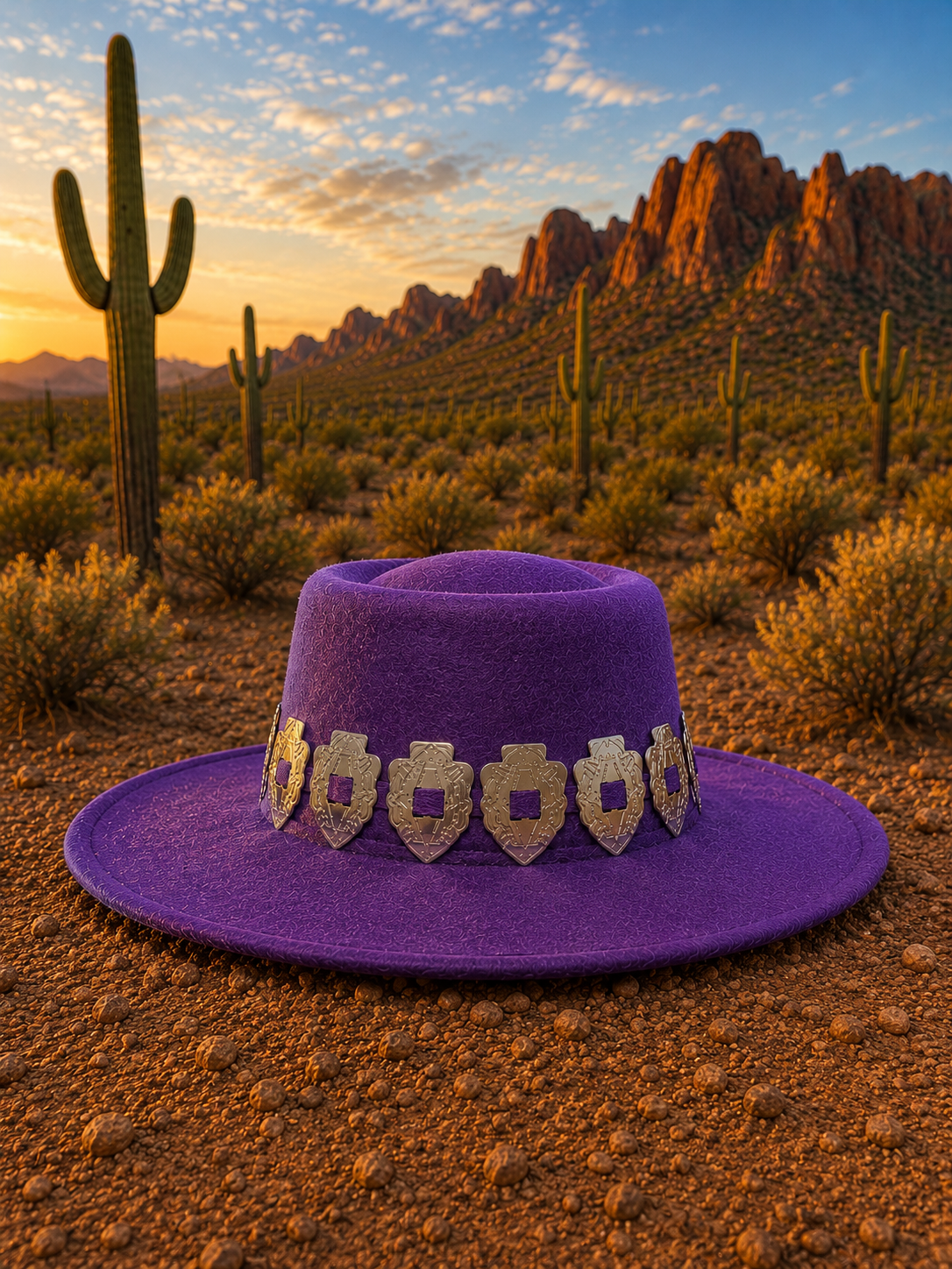 Purple felt fedora hat with concho headband