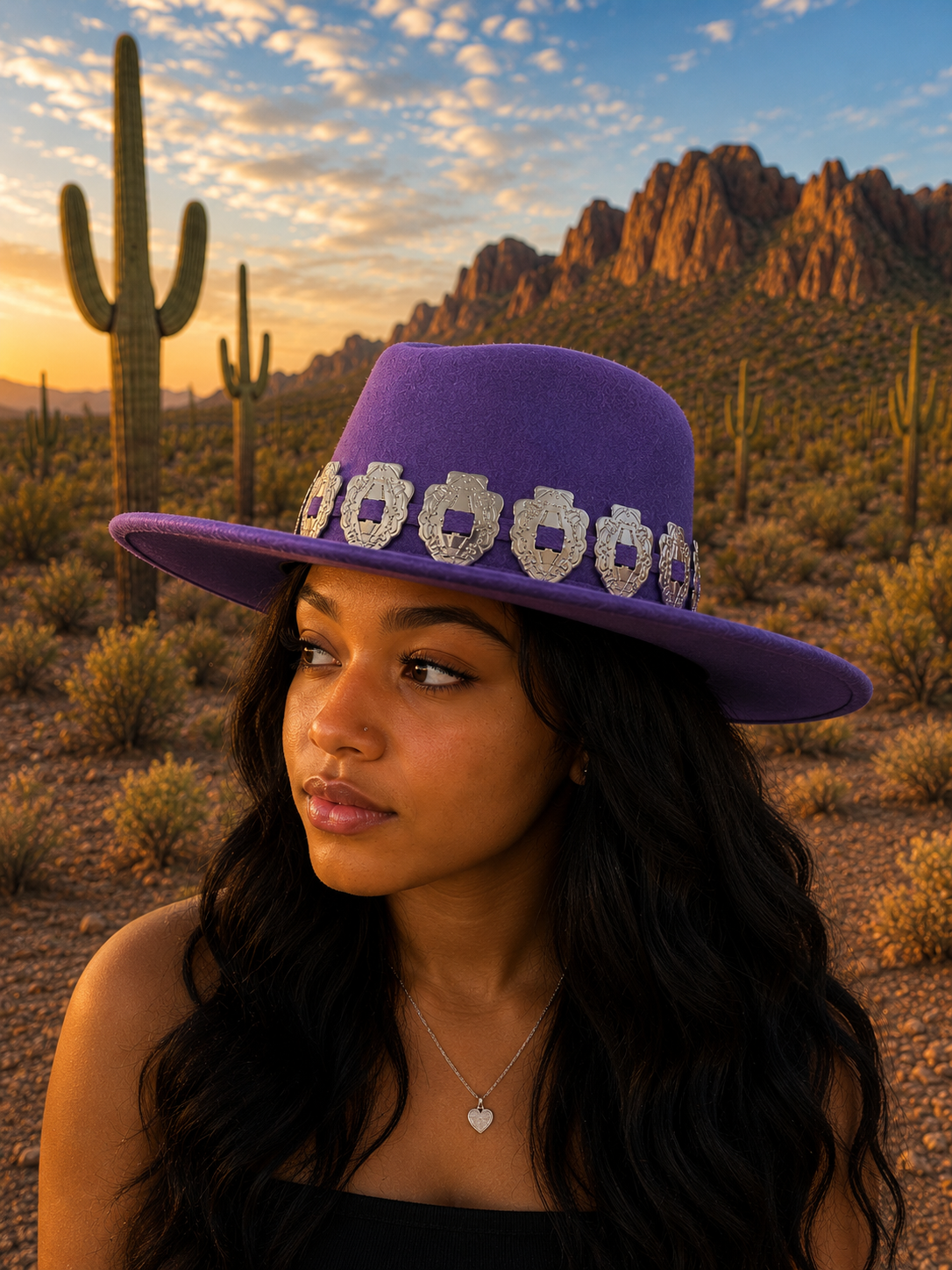 Purple felt fedora hat with concho headband