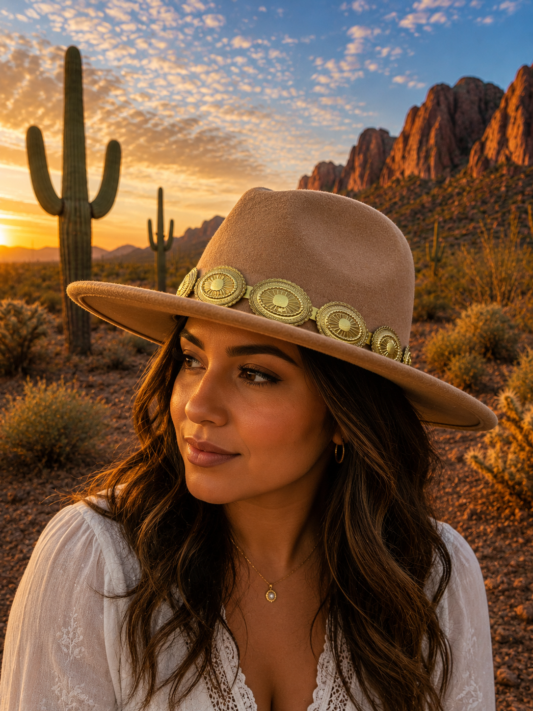 Light brown felt fedora hat with concho headband