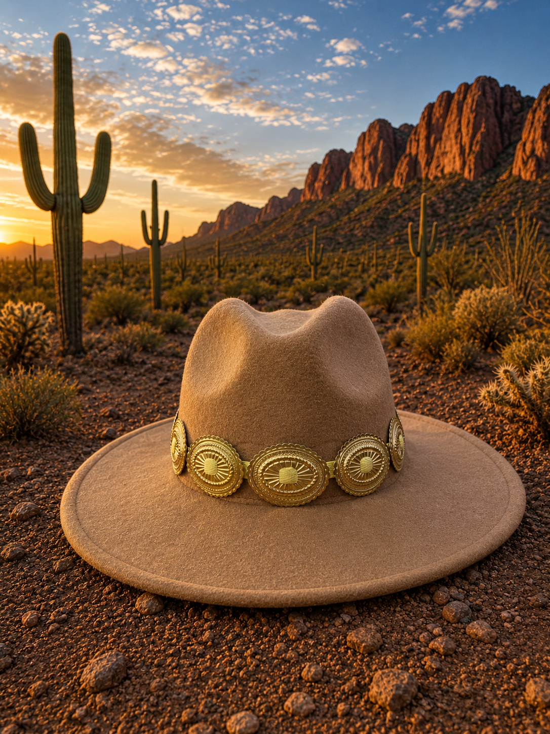 Light brown felt fedora hat with concho headband