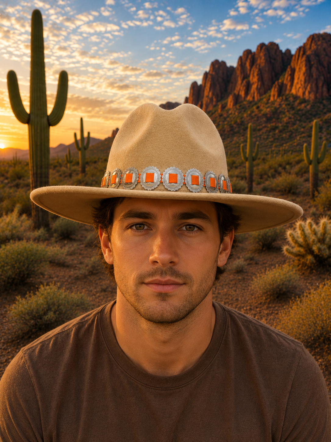 Light brown felt fedora hat with concho headband