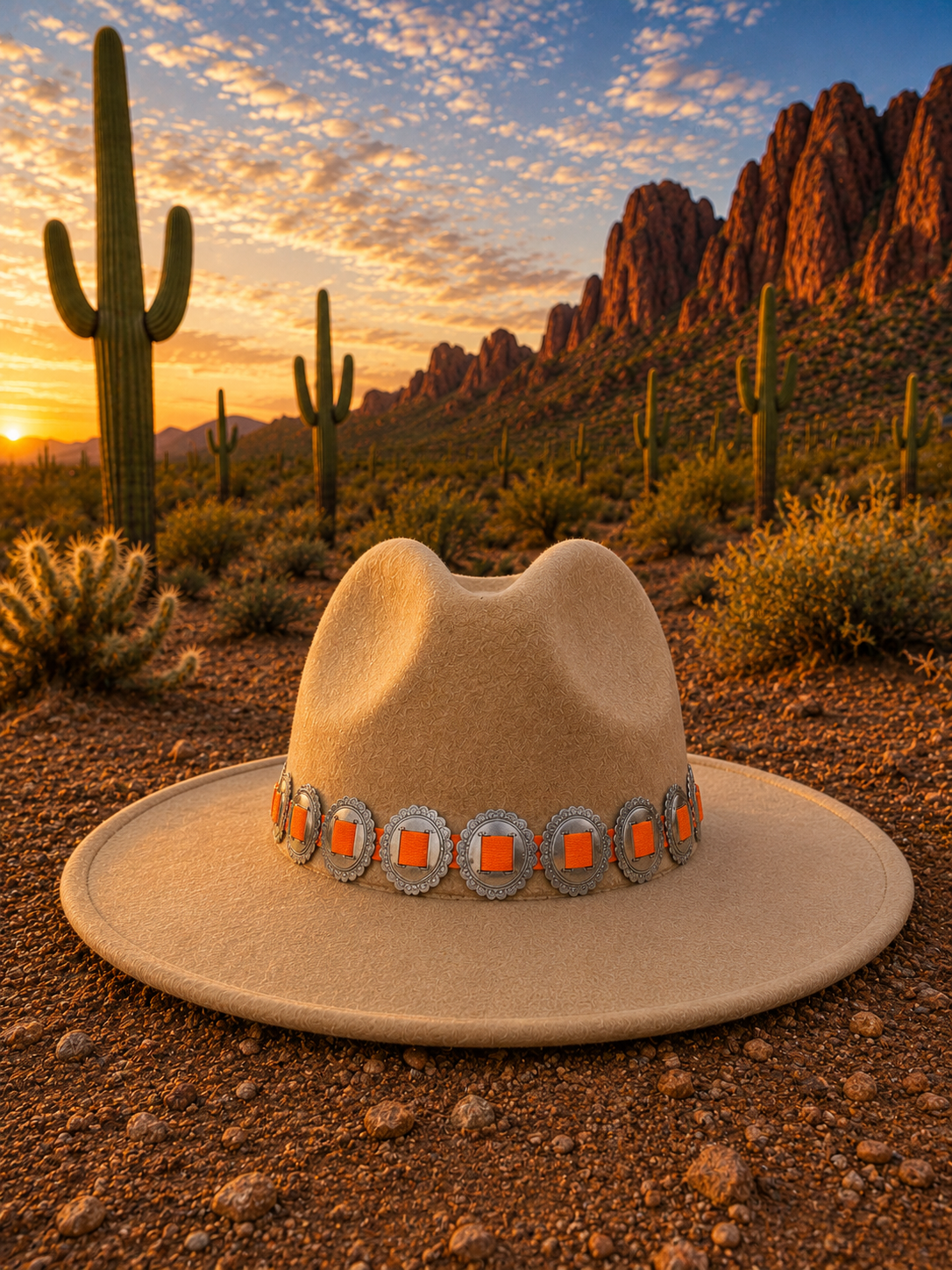 Light brown felt fedora hat with concho headband