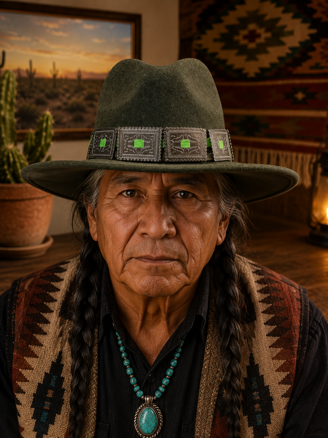 Dark green felt fedora hat with square concho headband