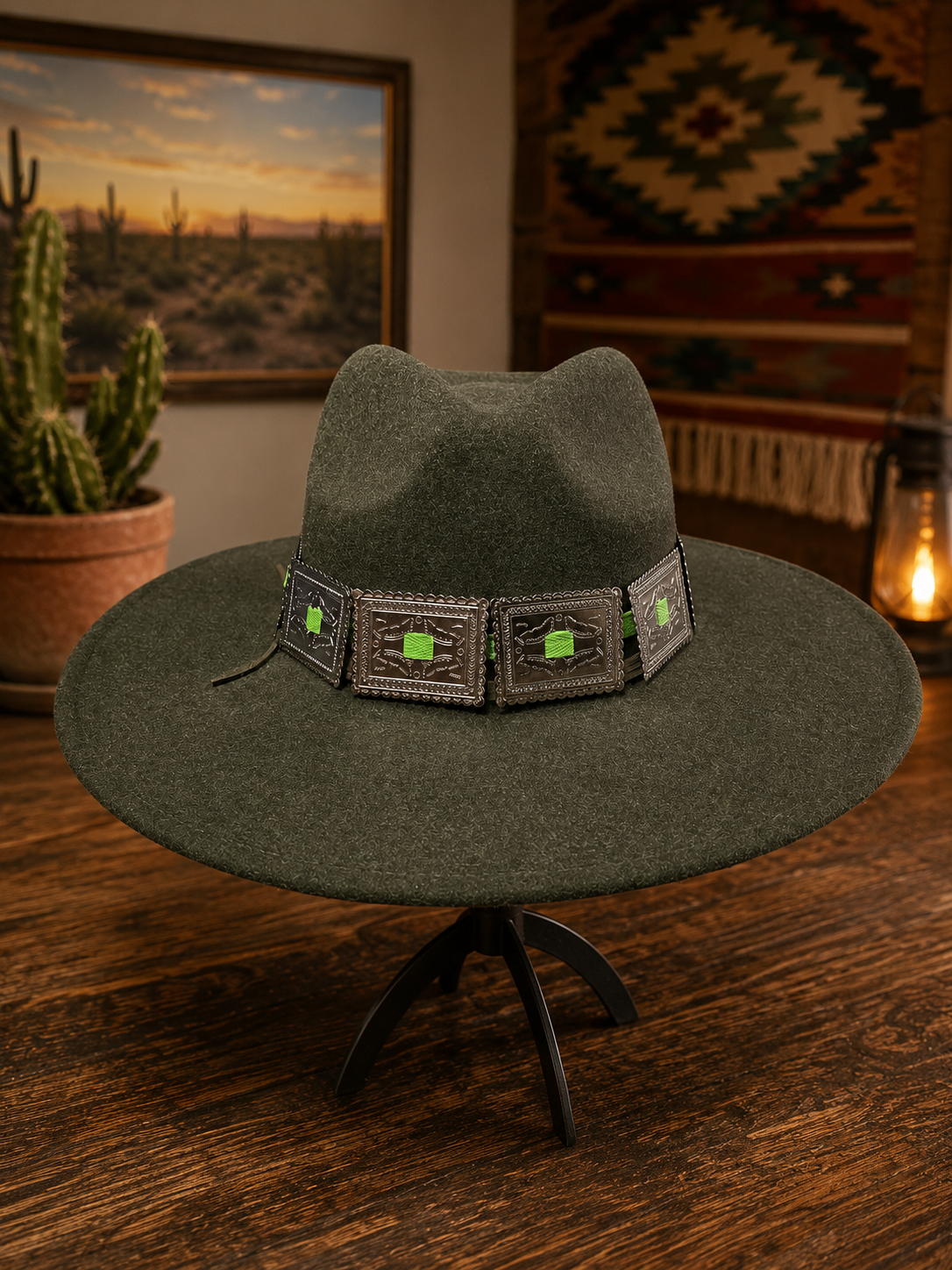 Dark green felt fedora hat with square concho headband