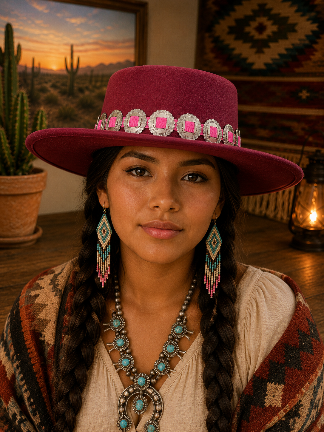 Maroon felt fedora hat with concho headband