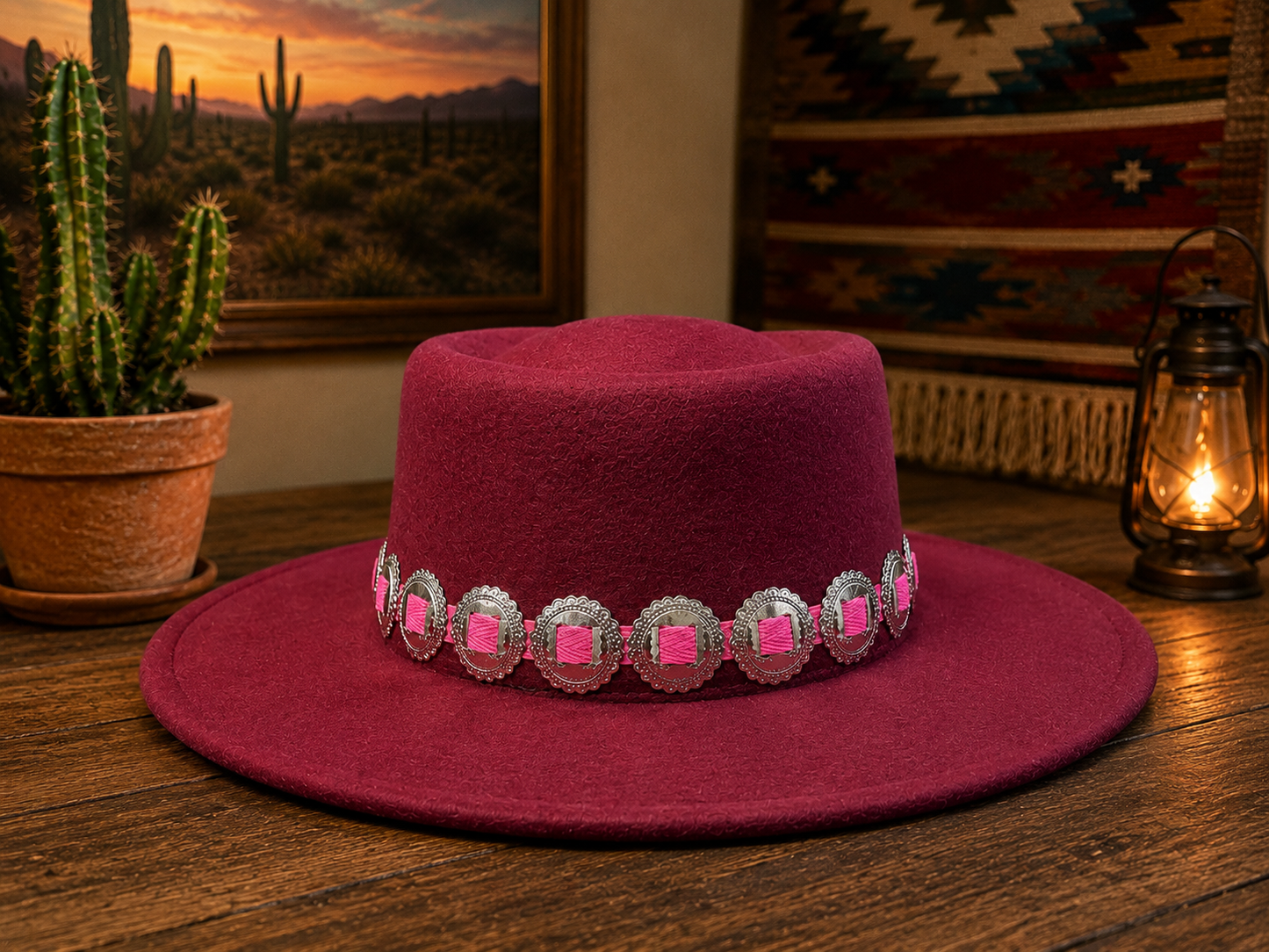 Maroon felt fedora hat with concho headband