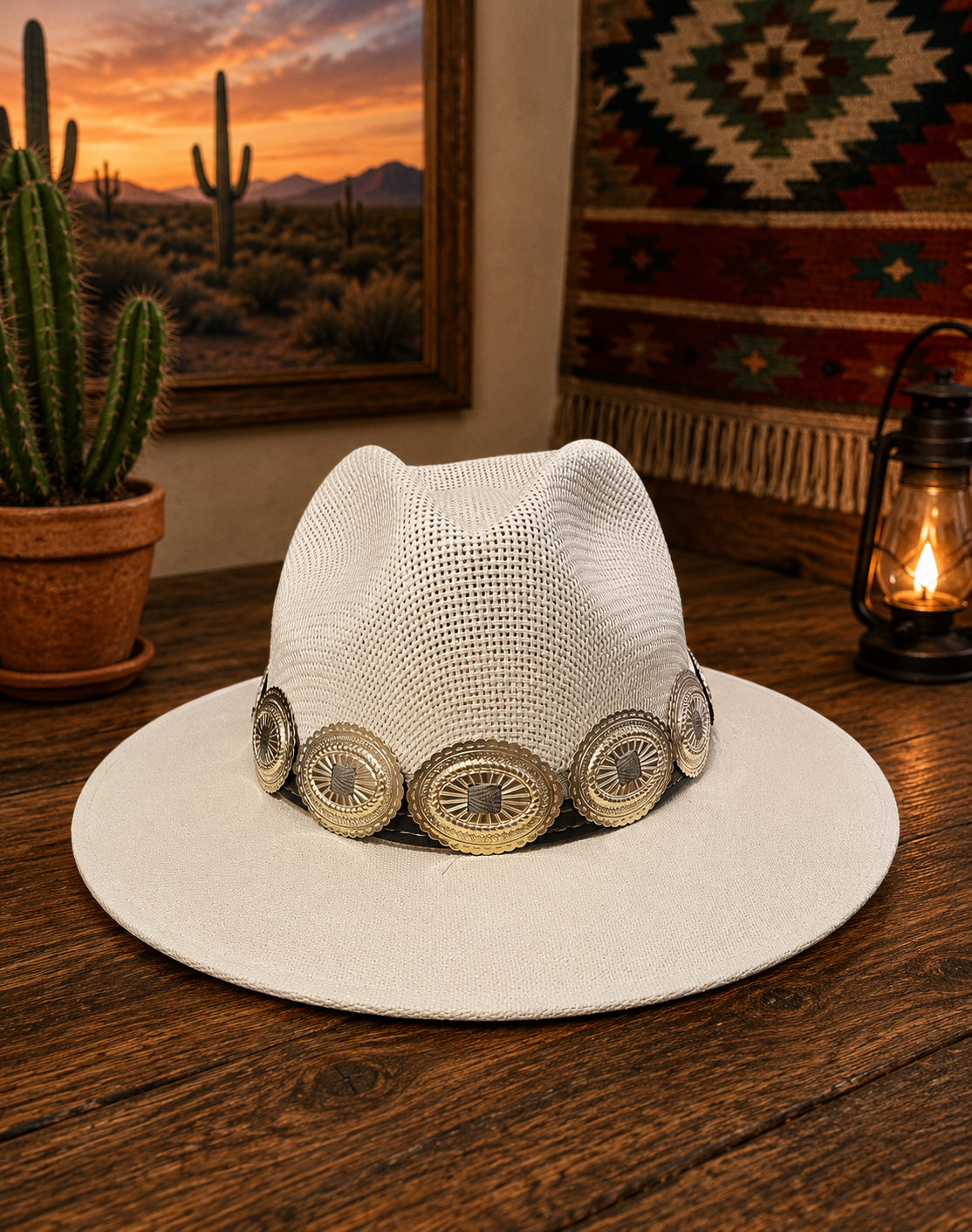 Straw fedora hat with concho headband