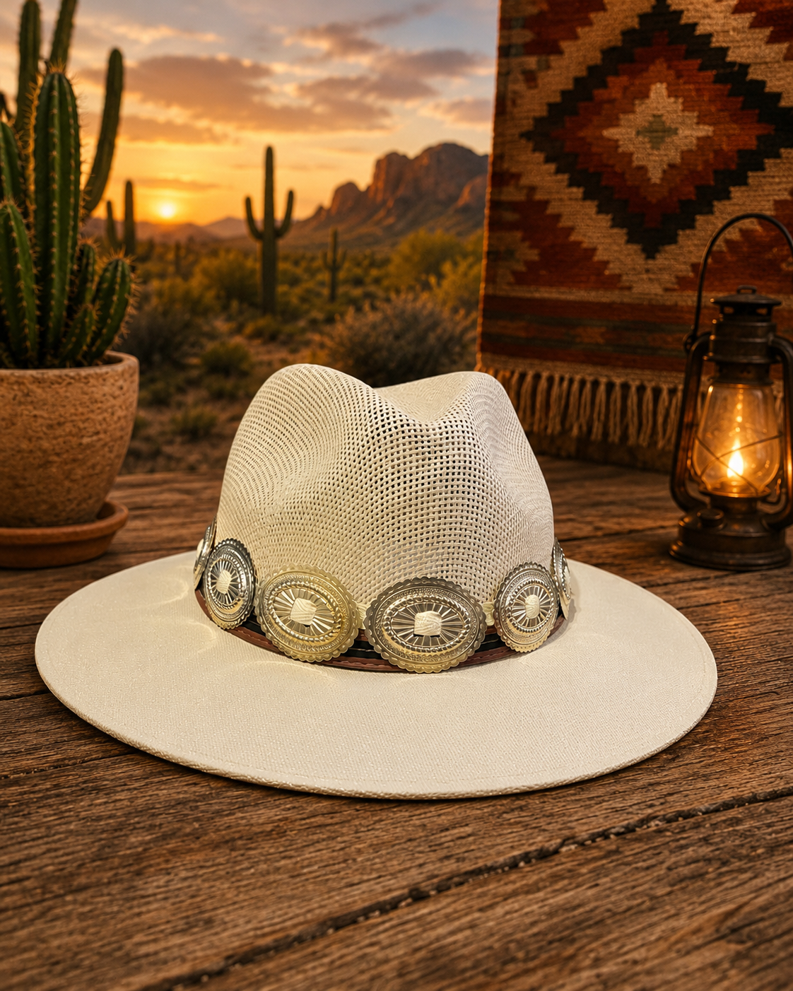 Beige straw fedora hat with concho headband