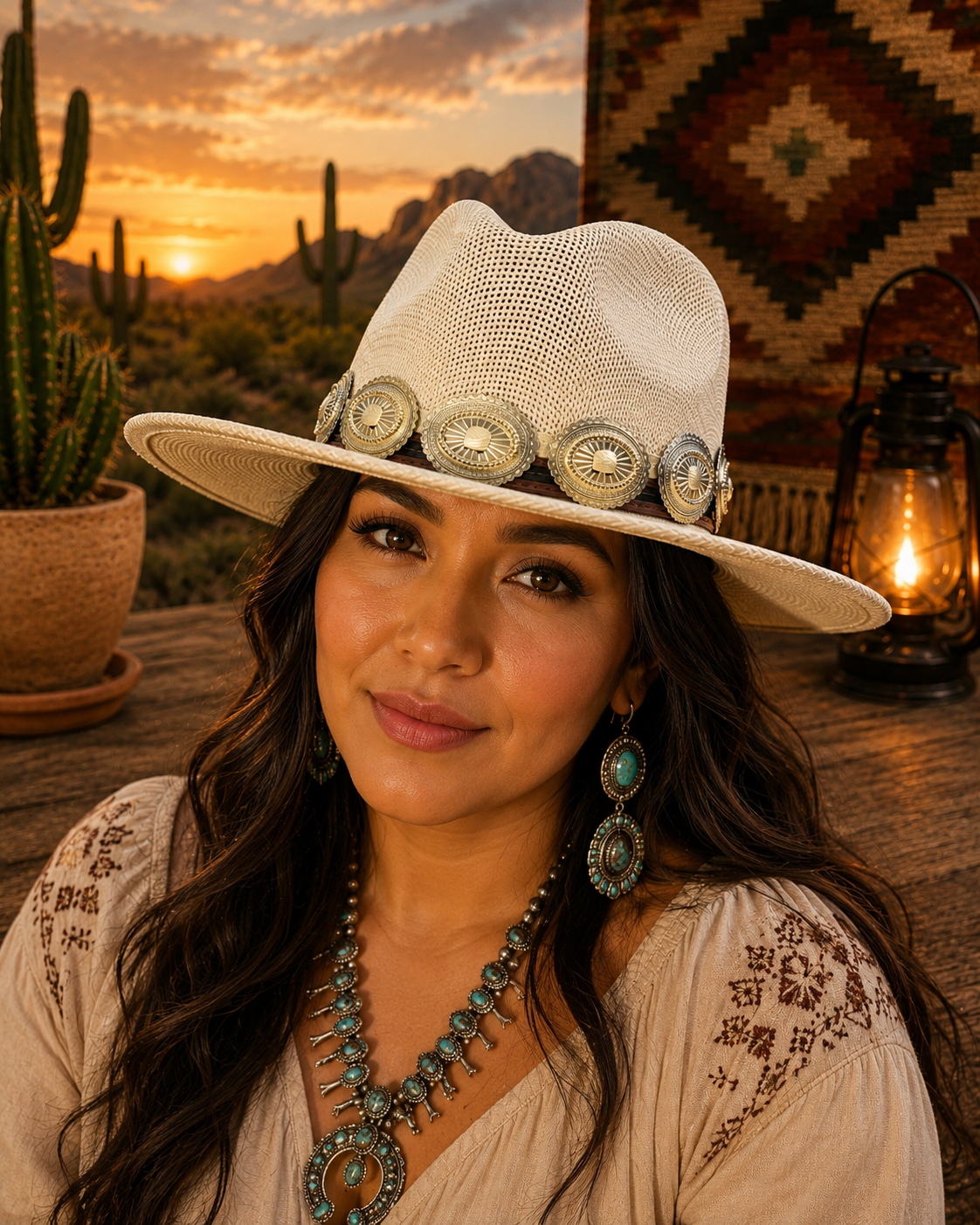 Beige straw fedora hat with concho headband