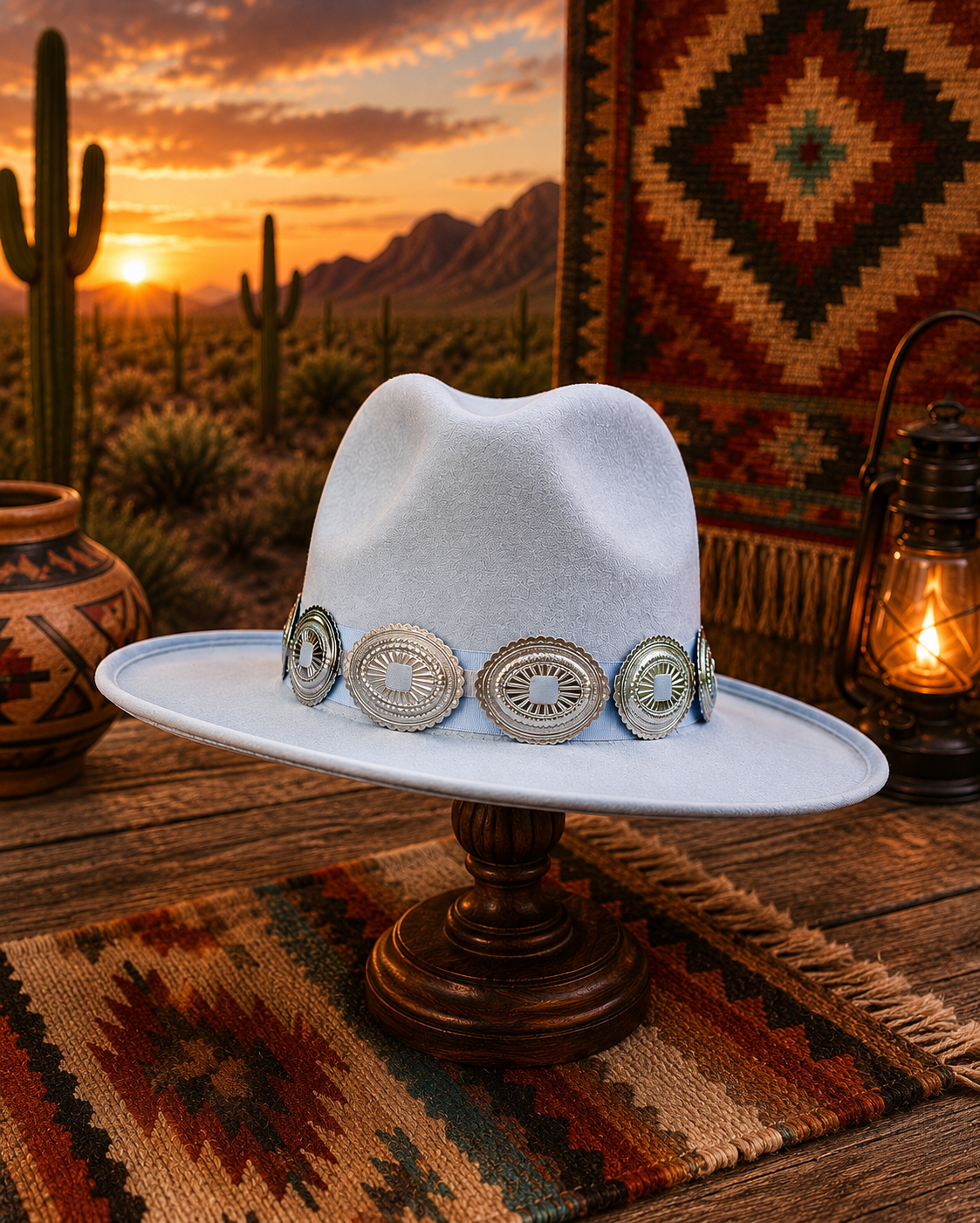 Light blue felt fedora hat with concho headband
