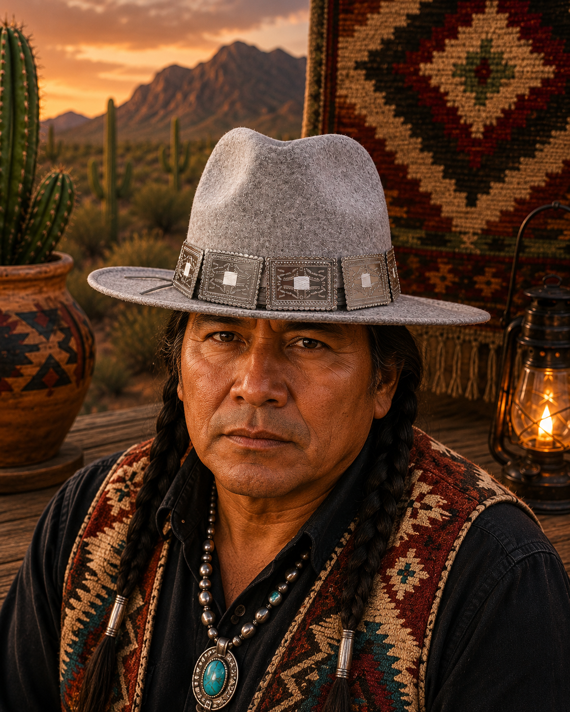 Wide brim grey felt fedora hat write concho headband