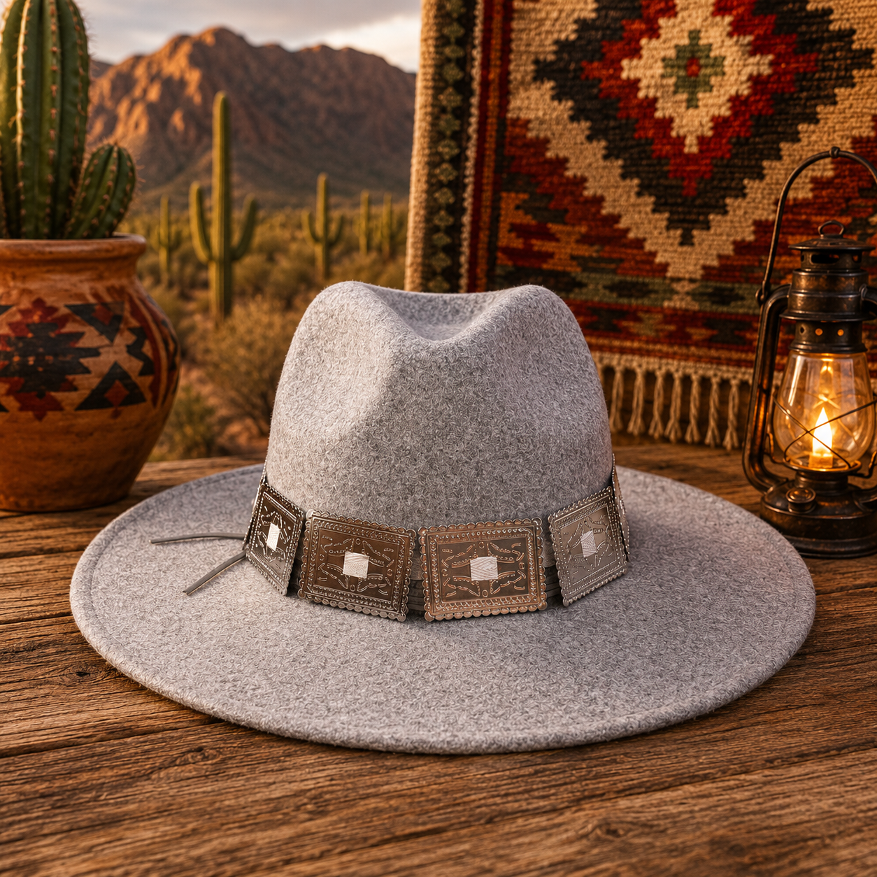 Wide brim grey felt fedora hat write concho headband