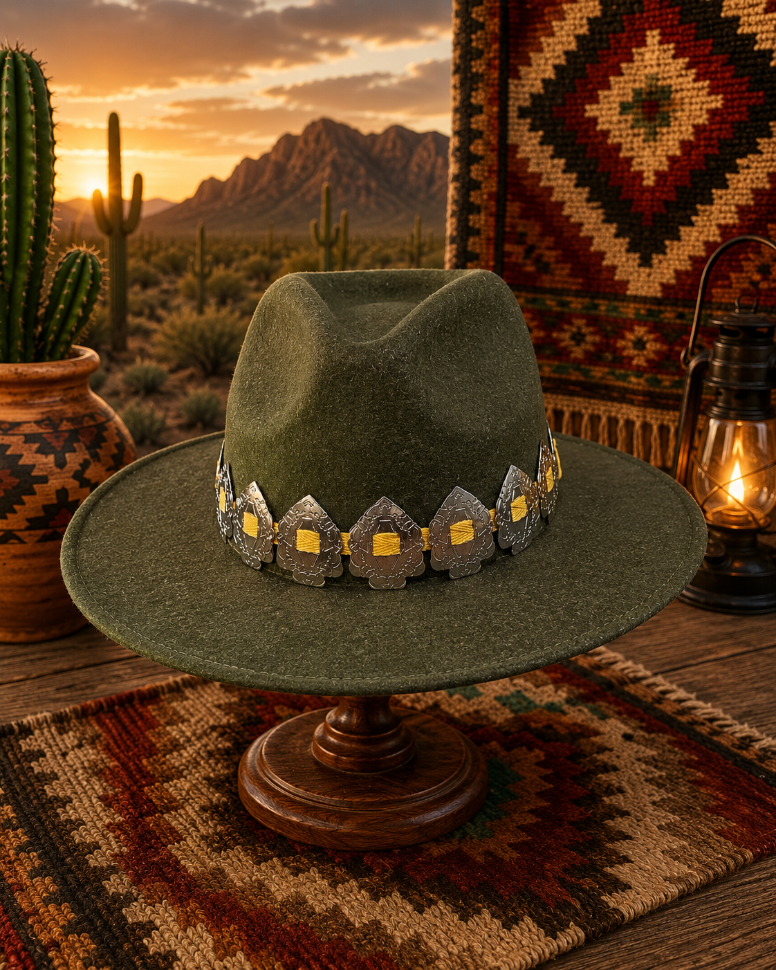Dark green felt fedora hat with arrowhead headband