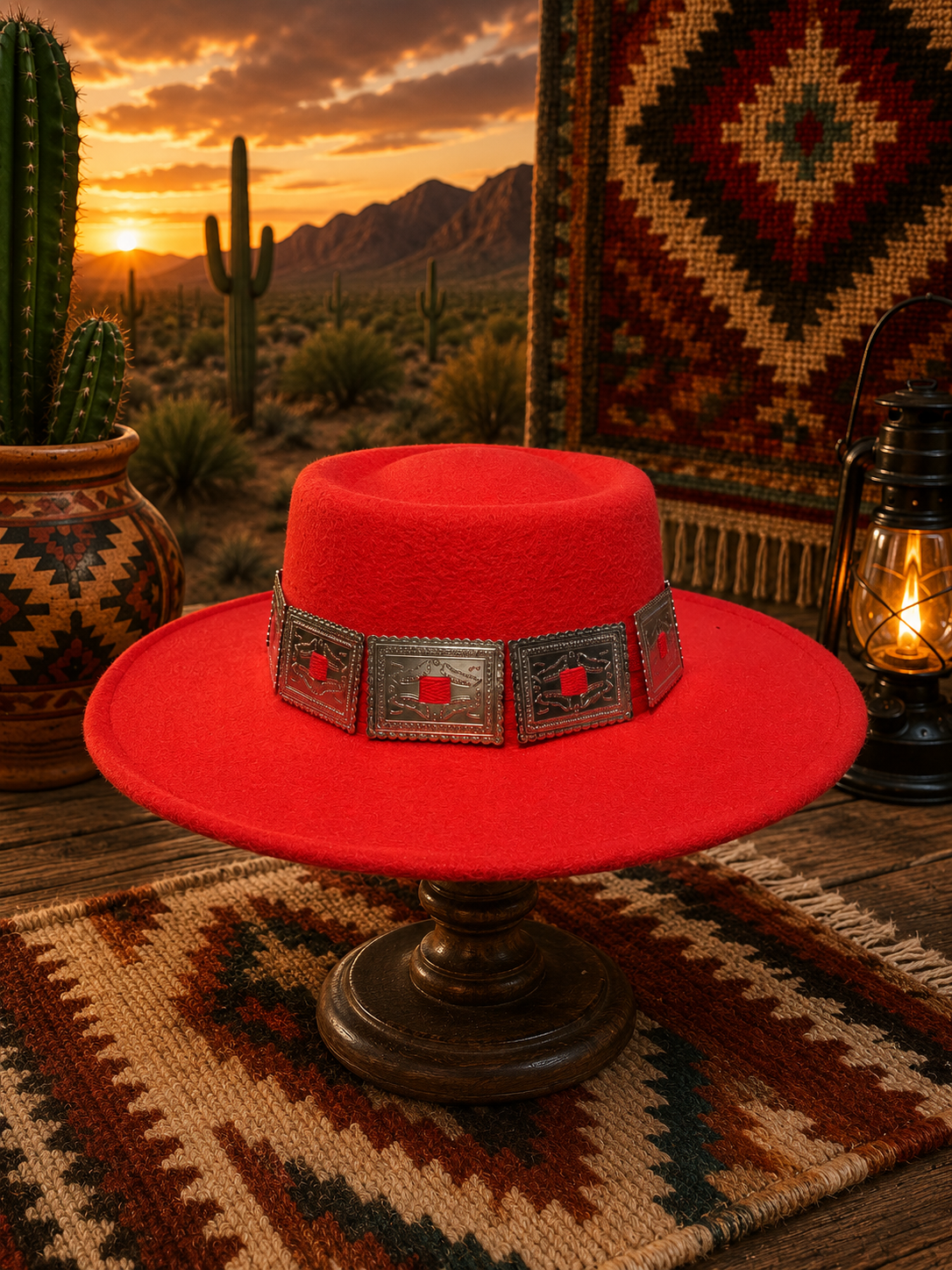 Red felt fedora hat with retangle concho headband