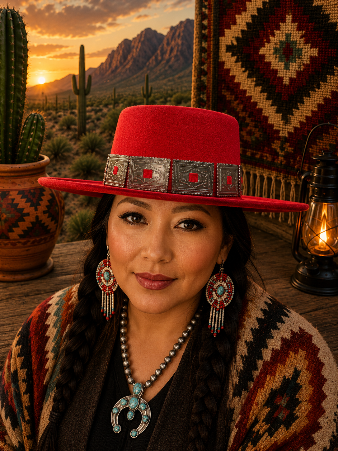 Red felt fedora hat with retangle concho headband