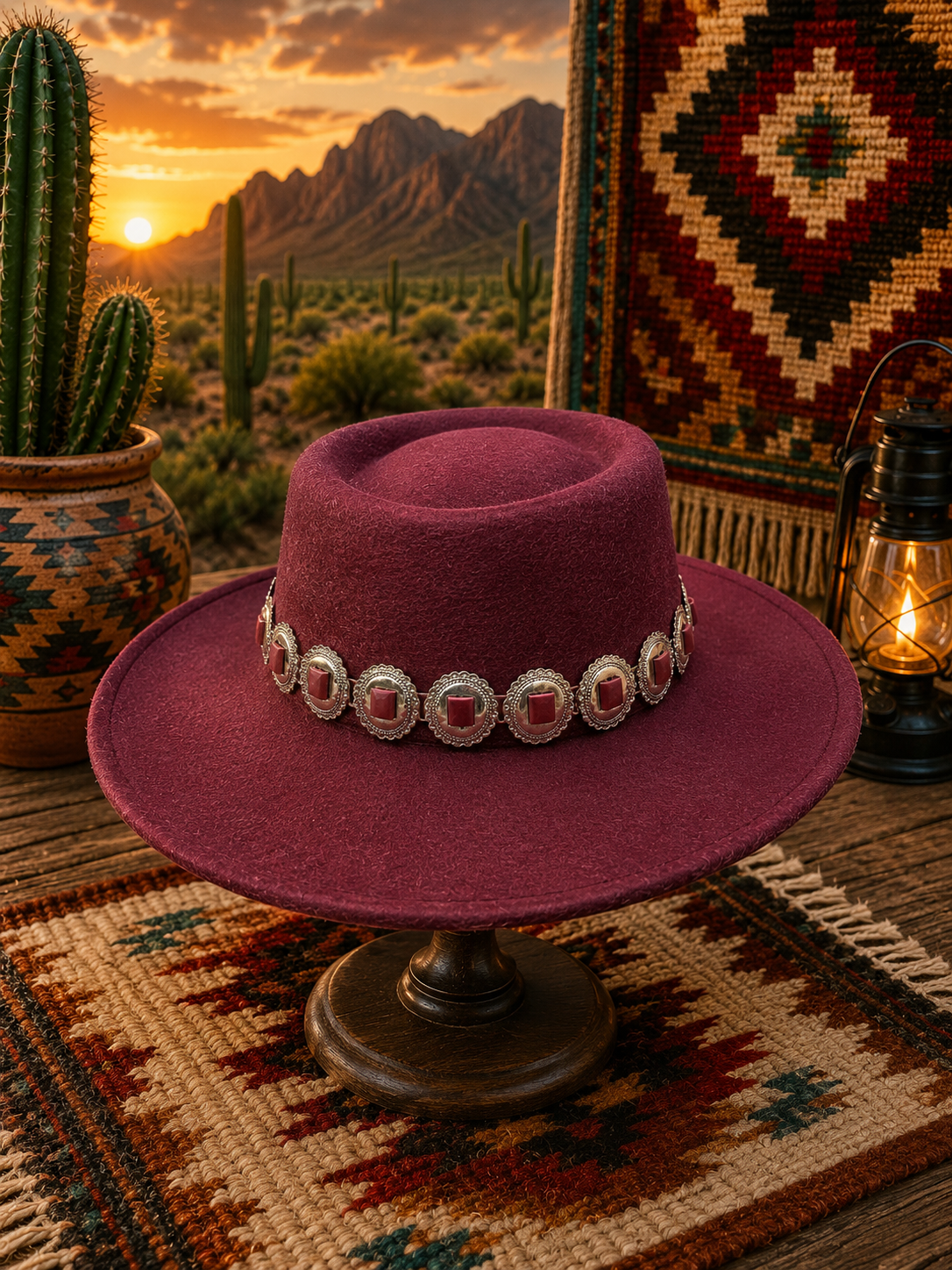Maroon felt fedora hat with concho headband