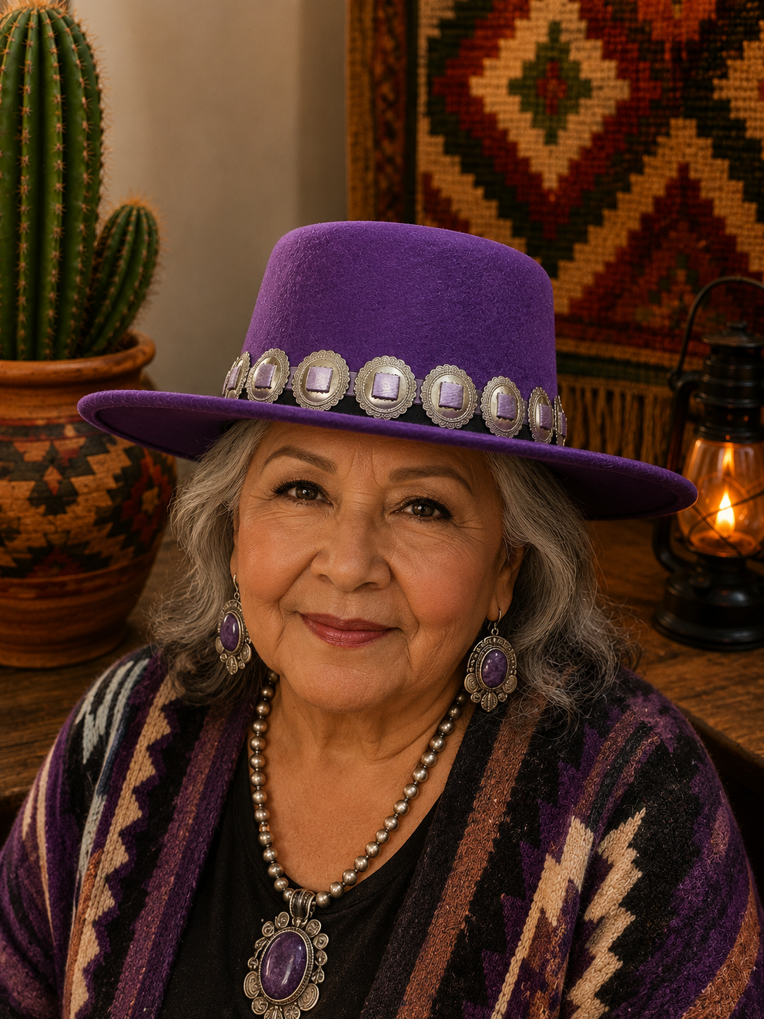 Purple felt fedora hat with round concho headband