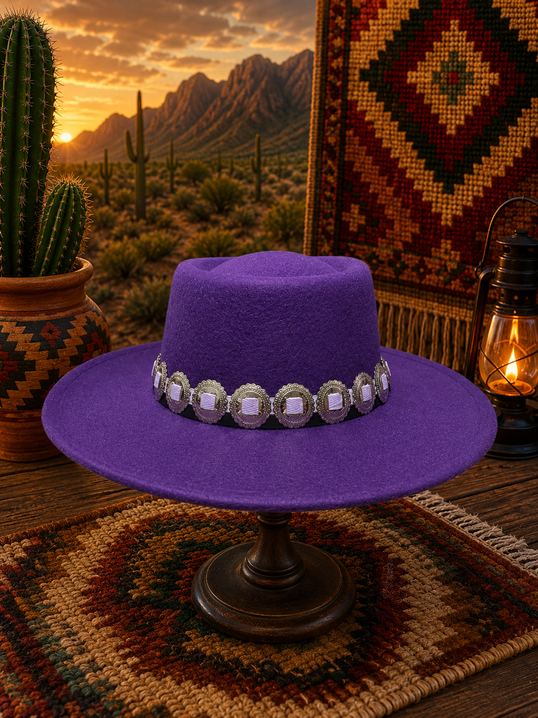 Purple felt fedora hat with round concho headband