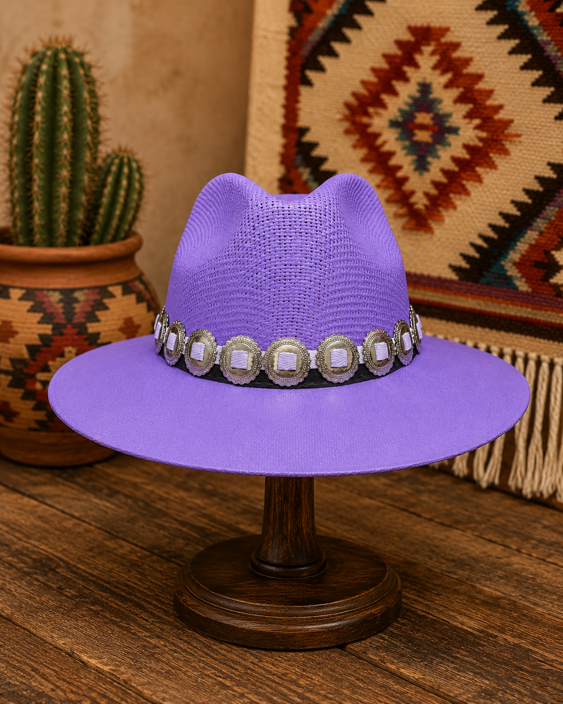 Purple straw fedora hat with round concho headband