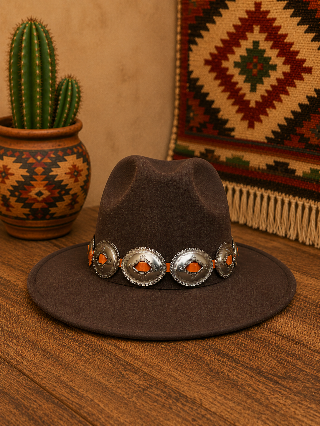 Dark brown felt fedora hat with oval concho headband