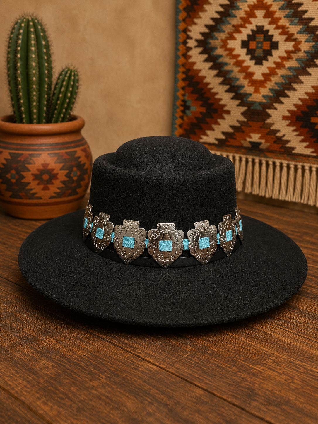 Black felt fedora hat with arrowhead headband